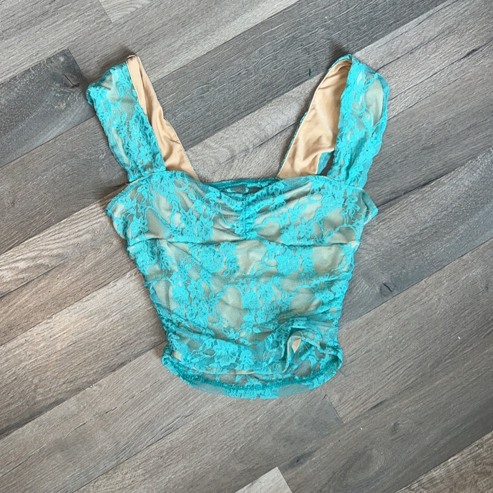 Elegant Lace Women Top in Teal and Beige